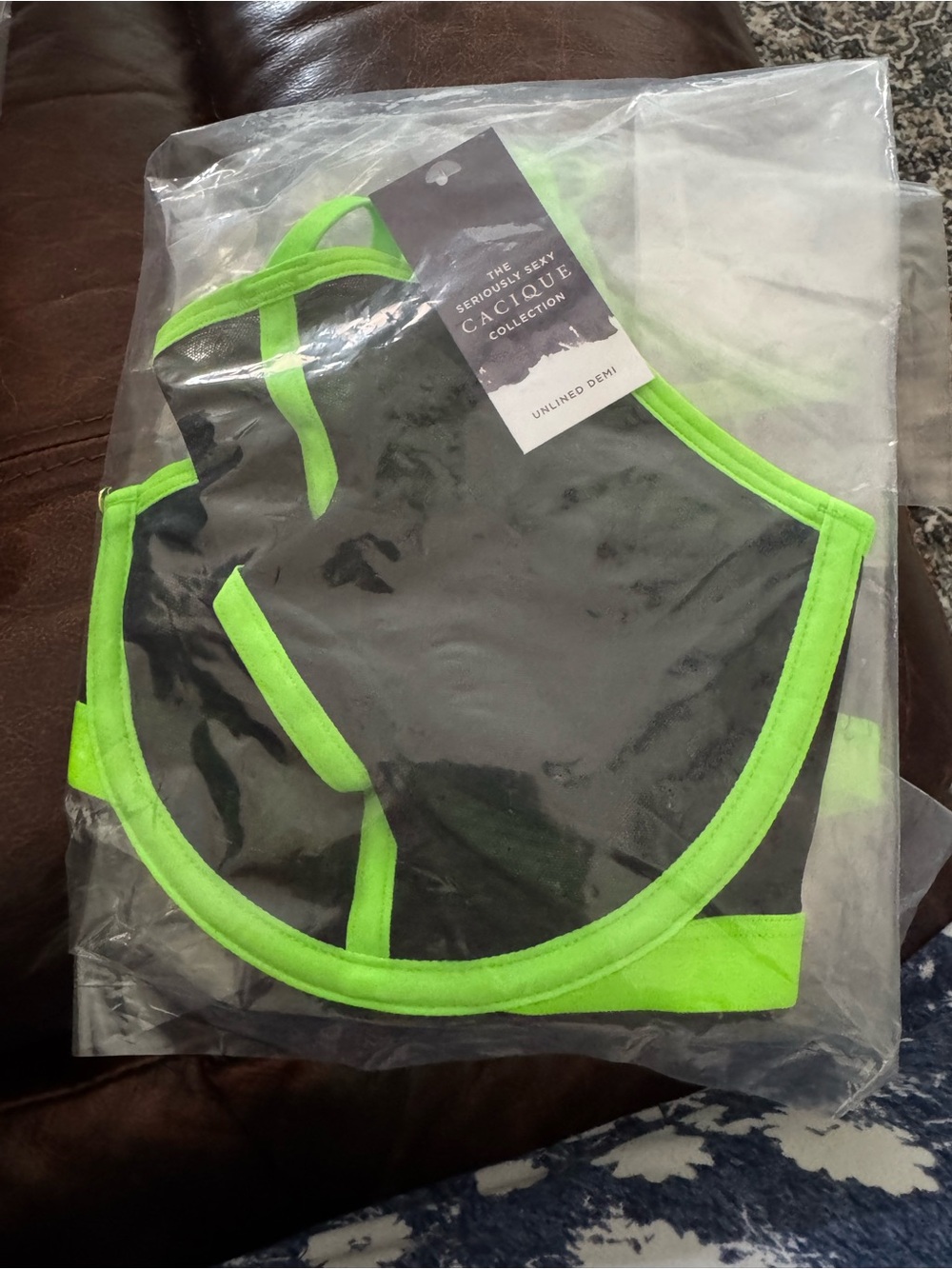 Cacique Black Bra with Neon Green Trim 40 F NWT